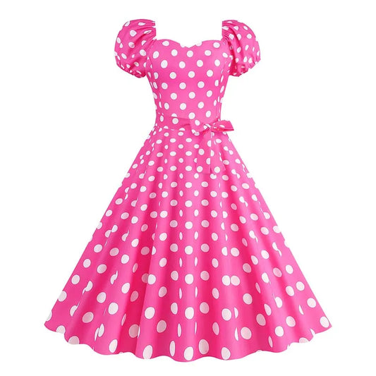 Plaid Checker/Polka Dot Print Puff Sleeve Big Swing Ruffled Flared Dress w/ Belt