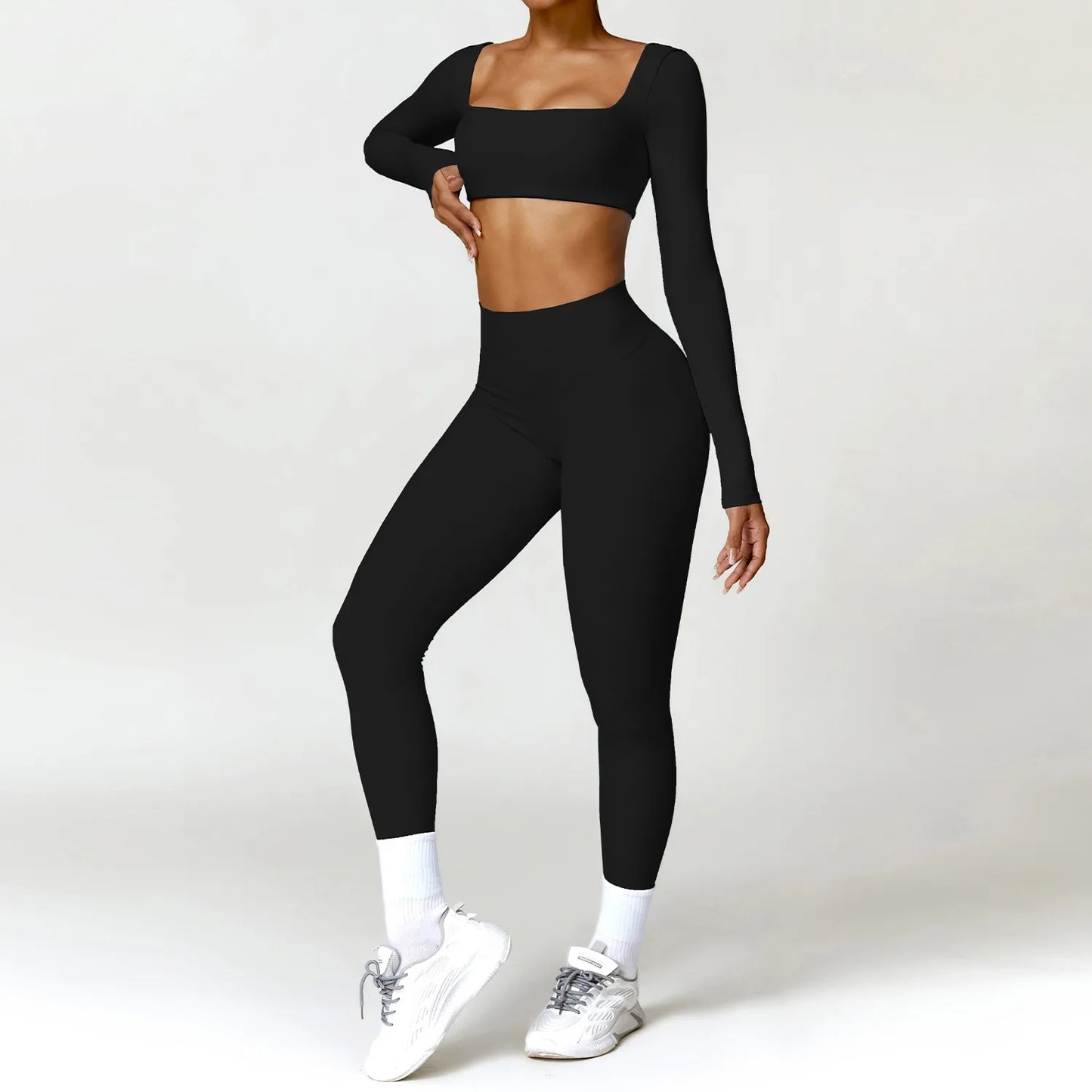 Solid Color Women's Long Sleeve Crop Top + Fitness Leggings/Shorts 2-Piece Set