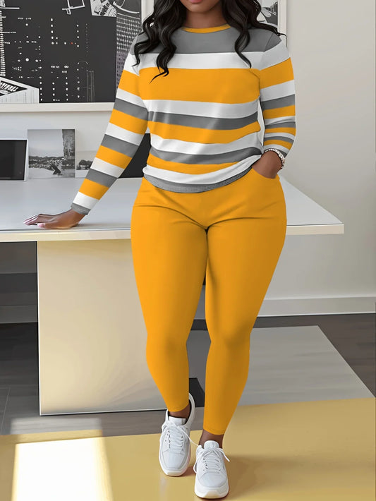 Striped Colorblock O-Neck Long Sleeve Top + Solid Color Leggings 2-Piece Sets to 5X Plus Size