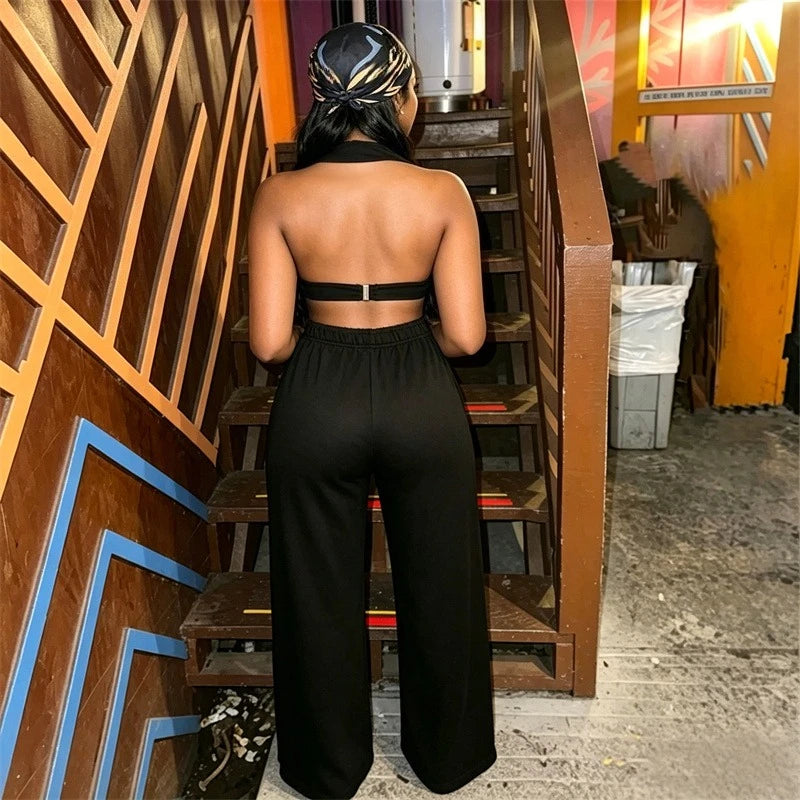 Ringlet Design Backless Hollow-Out Halter V-Neck Crop Top + Matching Pants Women's 2-Piece Set