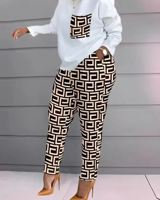 Geometric/Striped/Colorblock/Leopard Long Sleeve Women's Top + Matching Pants 2-Piece Set