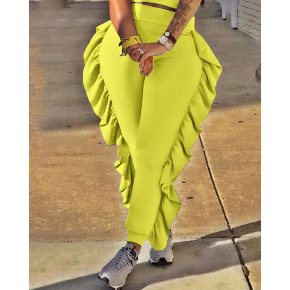 Butterfly Sleeve Crop Top & Ruffled Fringe Tassel Detail Women's Skinny Pants 2-Piece Set