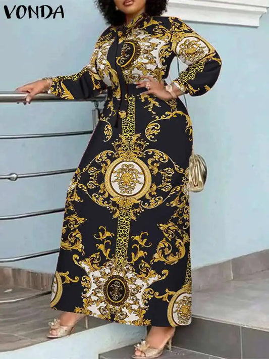 Oversized Lantern Sleeve Stand Collar Vintage Bandage Belted Dress to 5X Plus Size