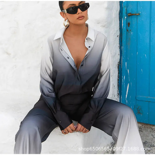 Gradient Women's Colorblock Ombre Satin Long Sleeve Blouse + Straight Leg Loose Pants 2-Piece Set