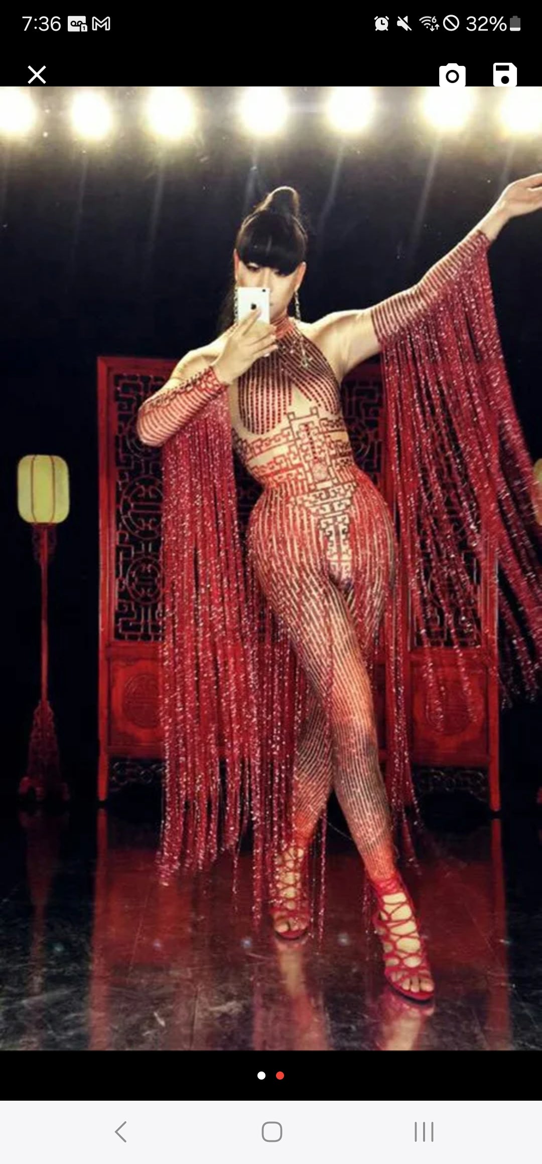 Tassel Fringe Design Red Rhinestone Long Sleeve Stretch Leotard Stage Performance Jumpsuit