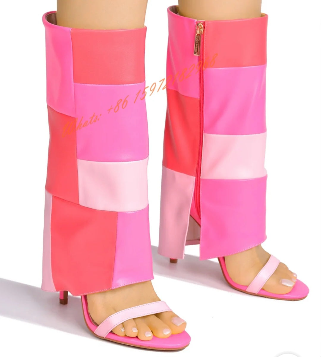 Colorblock Checker Print Open Toe Foldover Women's Slouch Thin Stiletto Heel Knee High Zipper Denim Sandal Boots