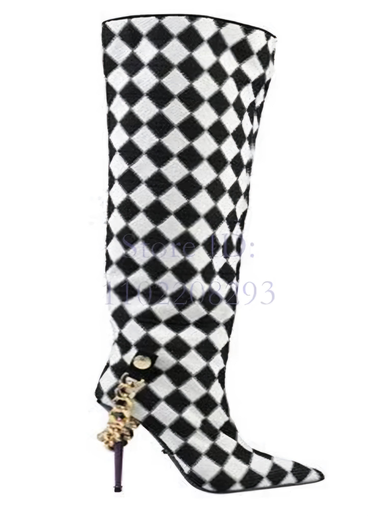 Black/White Checkered Plaid Print Zipper Gold Chain Purple Stiletto Heel Pointed Toe Over-the-Knee Women's Boots