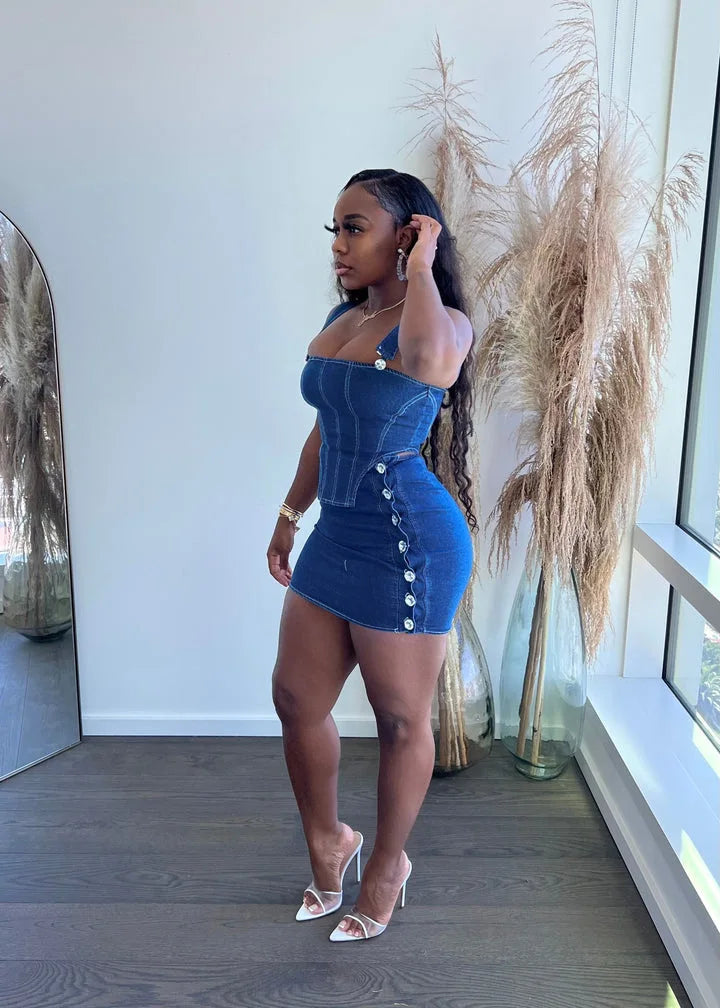 Denim Women's Bodycon Sleeveless Corset Crop Tank Top + Button Design Mini Jean Skirt 2-Piece Set