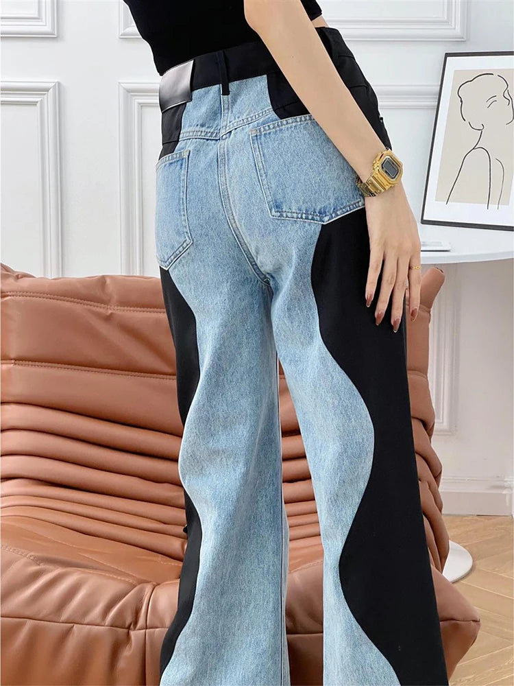 Denim Colorblock Black/Blue Wave Pattern Spliced Women's Straight Wide Leg Jeans