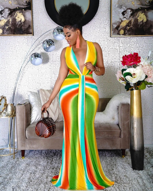 Sleeveless Gradient Pastel Rainbow Striped Deep V-Neck Colorblock Maxi Dress to 4X Plus Size