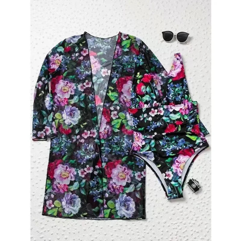 Floral Print Long Sleeve Women's Lace Cover-Up w/ Matching One-Piece V-Neck Swimsuit