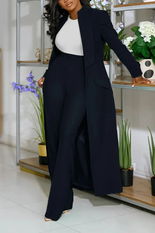 Notched Collar Solid Color Pocketed Maxi Trench Blazer + Pants Women's Office/Formal Party Suit