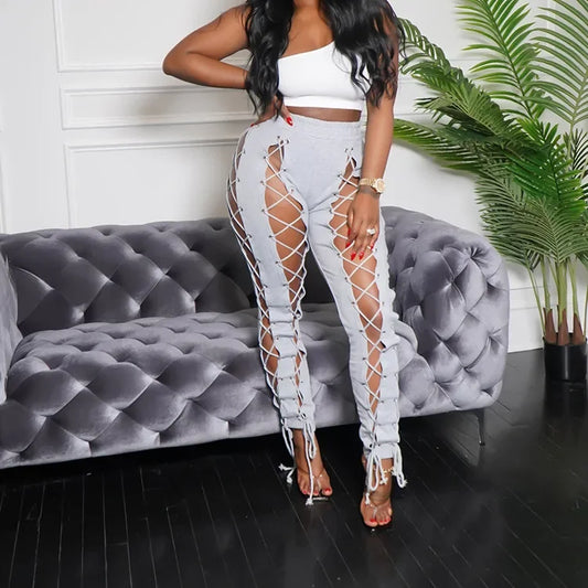 Bandage Lace-Up Elastic Waist Hollow-Out Women's Solid Color Elastic Waist Skinny Pants