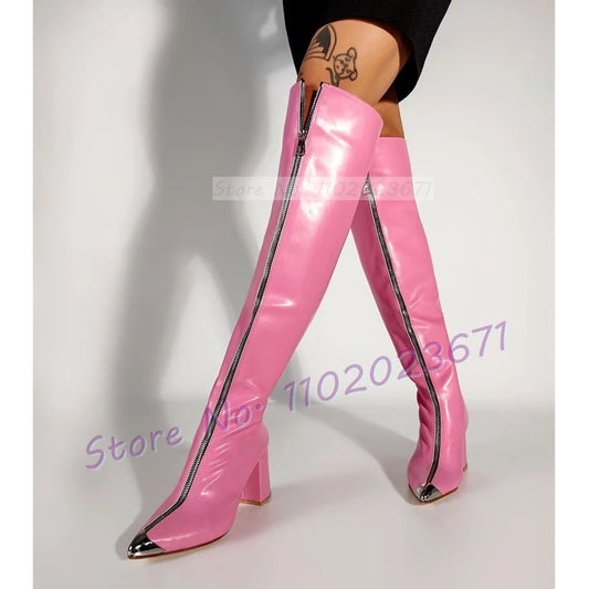 Zipper Front Solid Leather Block Heel Knee-High Boots