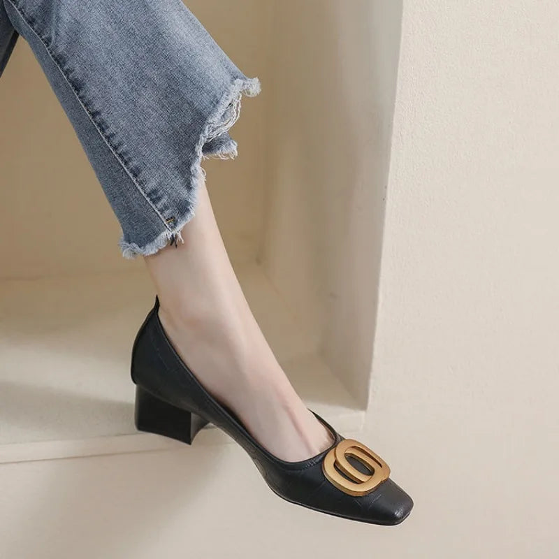 Gold Pendant Detail Solid Square Toe Low Heel Pumps