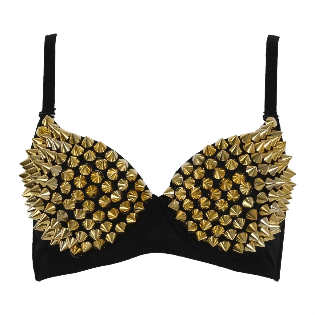 Black/Gold PU Leather Spiked Rivet Stud Steampunk Bra