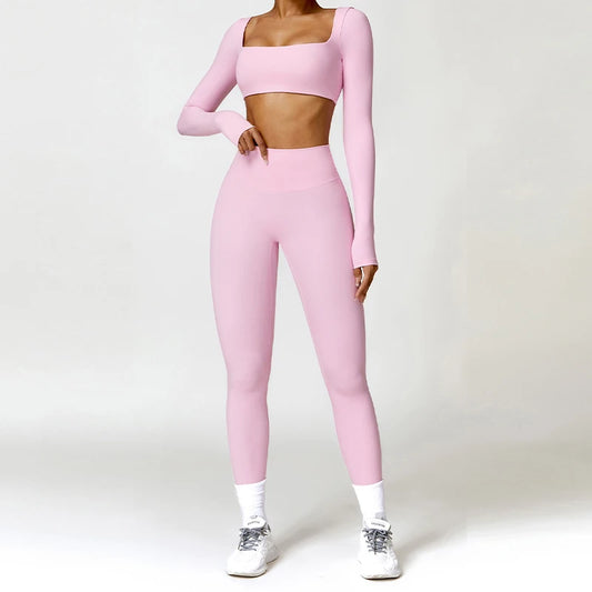 Solid Color Women's Long Sleeve Crop Top + Fitness Leggings/Shorts 2-Piece Set