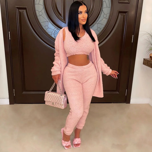 Solid Fleece Fuzzy Open Front Maxi Cardigan Jacket, Crop Tank Top + Stretch Jogger Pants Women's 3-Piece Set