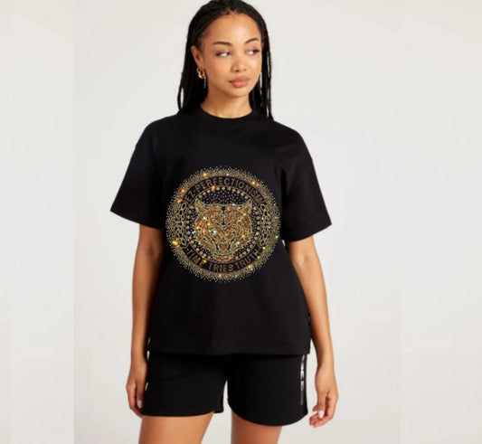 Rhinestone Tiger/Eagle/NY Symbol Printed Women's Short Sleeve Streetwear O-Neck T-Shirt + Solid Color Shorts 2-Piece Set