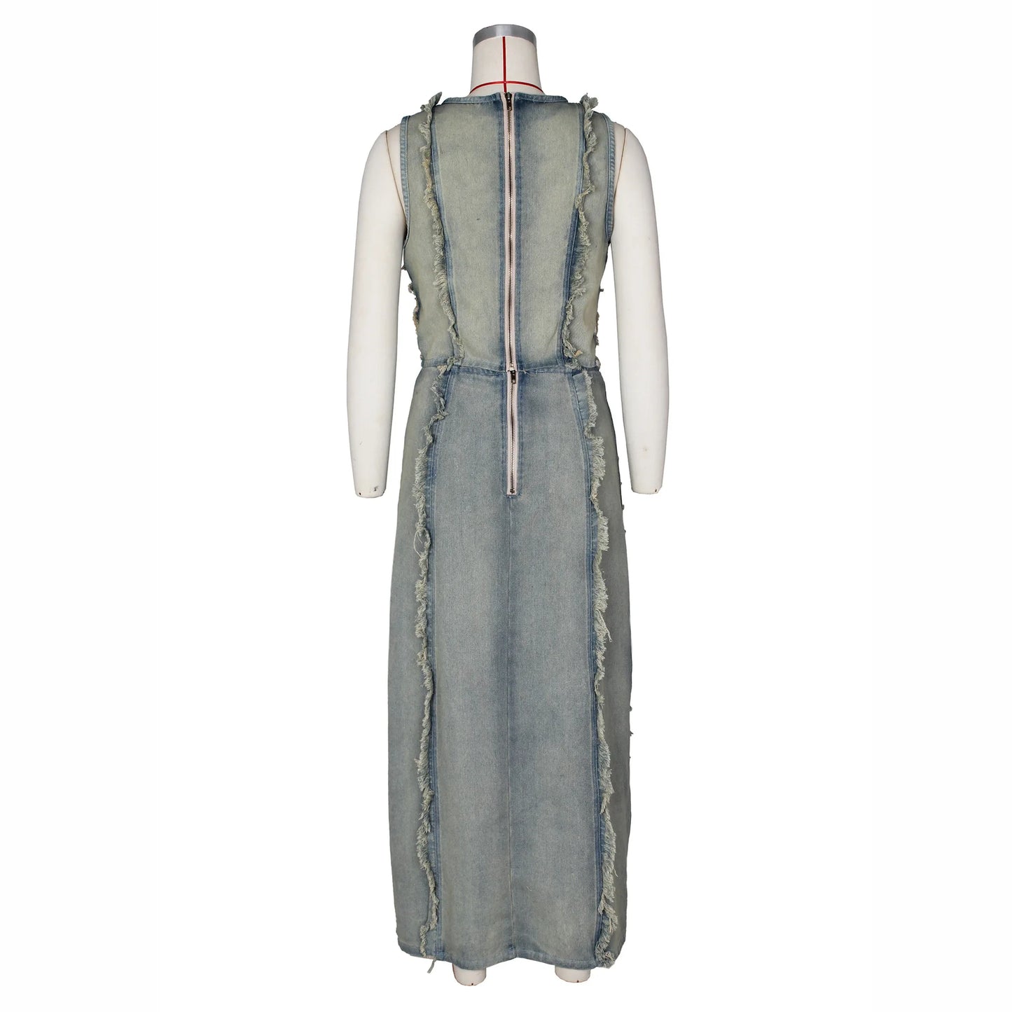 Denim Tassel Hollow-Out Fringe Design Women's Sleeveless Crop Top + High Slit Maxi Jean Skirt 2-Piece Set