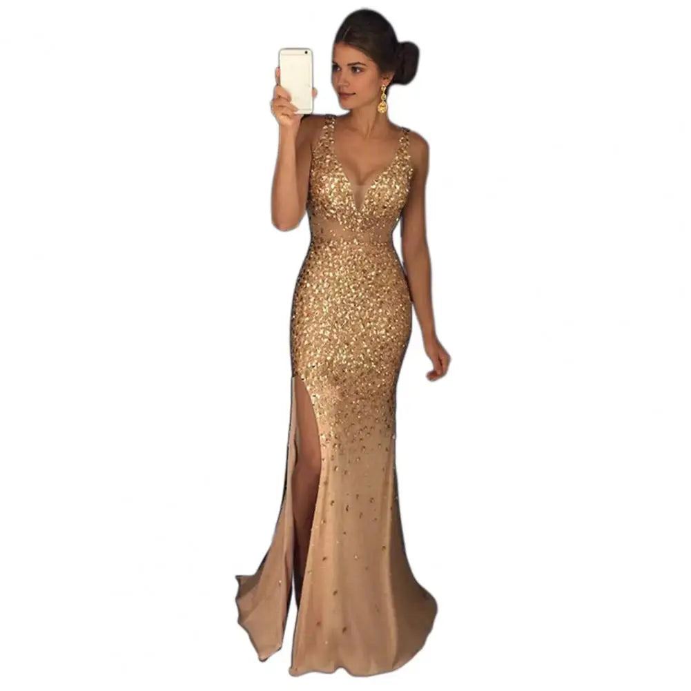 Sparkling Metallic Mesh Patchwork Sequin Sleeveless Split Hem Mermaid High Side Slit Maxi Formal Party/Prom Dress