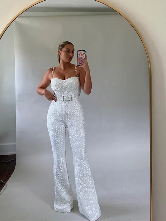 Metallic Sparkling Sequin Wide Leg Backless Women's Sleeveless High Waist Formal Party Jumpsuit
