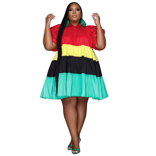 Ruffled Striped Colorblock Patchwork Design Balloon 1/2 Sleeve Colorblock Spliced Turn-Down Collar Shirt Dress to 5X Plus Size
