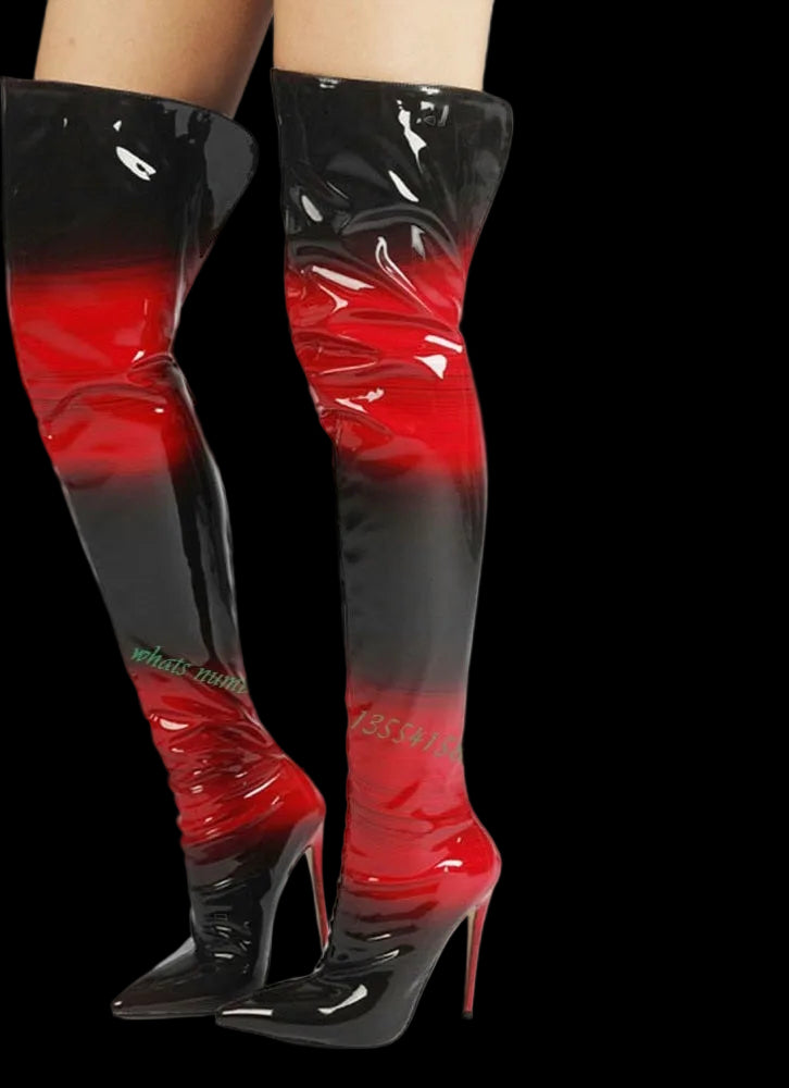 Striped Colorblock Black/Red Gradient Glossy Pointed Toe Stiletto Heel Over-the-Knee Zipper Back Women's Boots