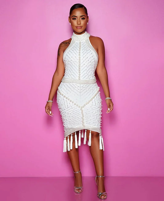 White Pearl Backless Beaded Rhinestone Tassel Fringe Formal Evening Party Dress
