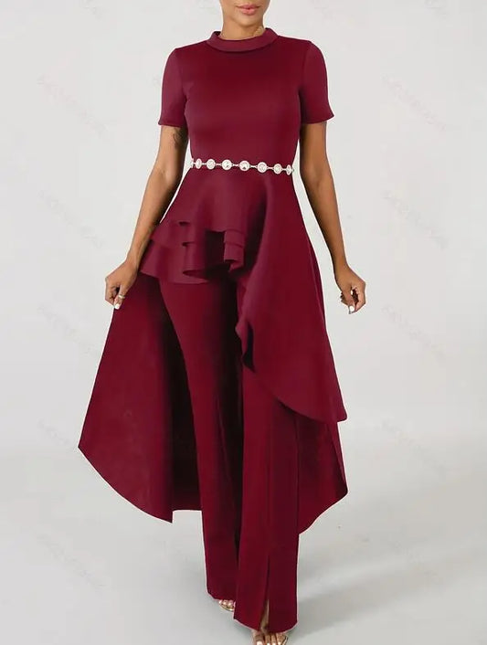 Irregular Ruffled Hem Asymmetrical Peplum O-Neck Solid Color Maxi Blouse