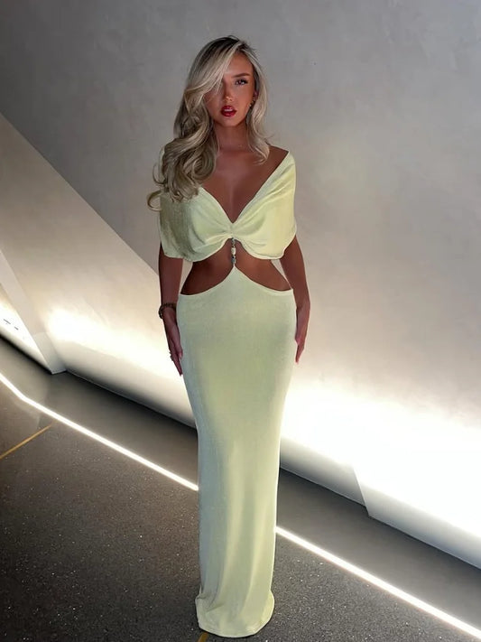 Off-the-Shoulder Solid Color V-Neck Pleated Cut-Out Skinny High Waist Maxi Party Dress