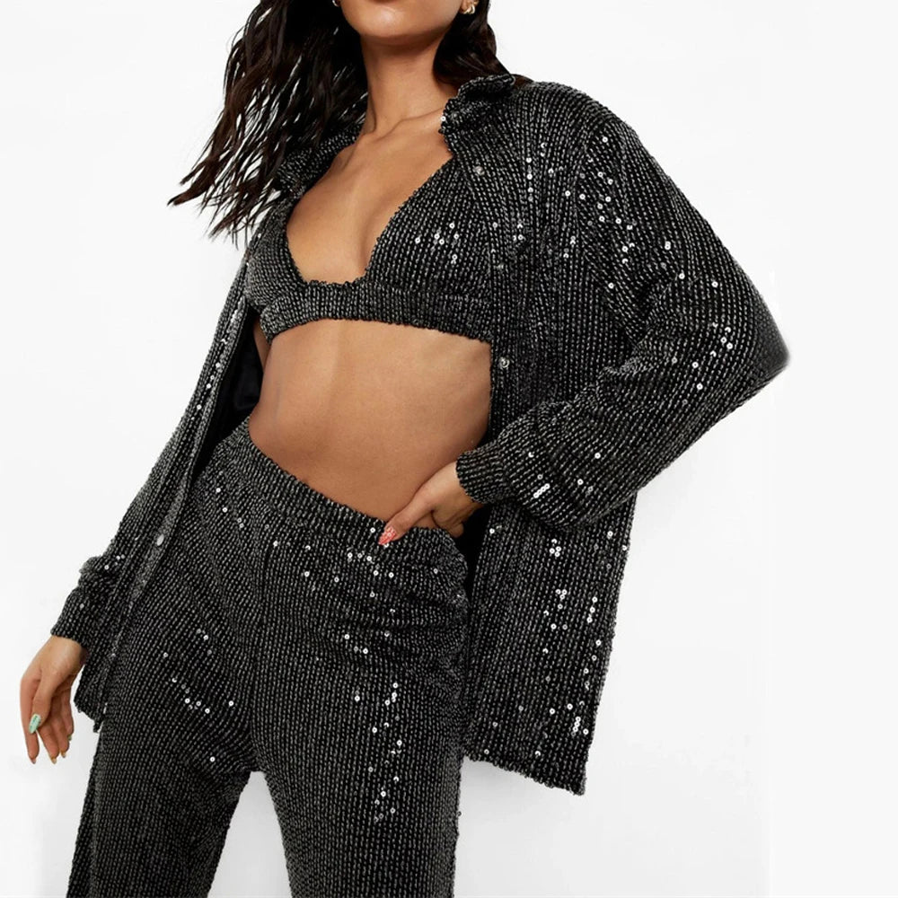 Sequin Glitter Women's Turn-Down Collar Blouse, Crop Bra + Pants 3-Piece Set