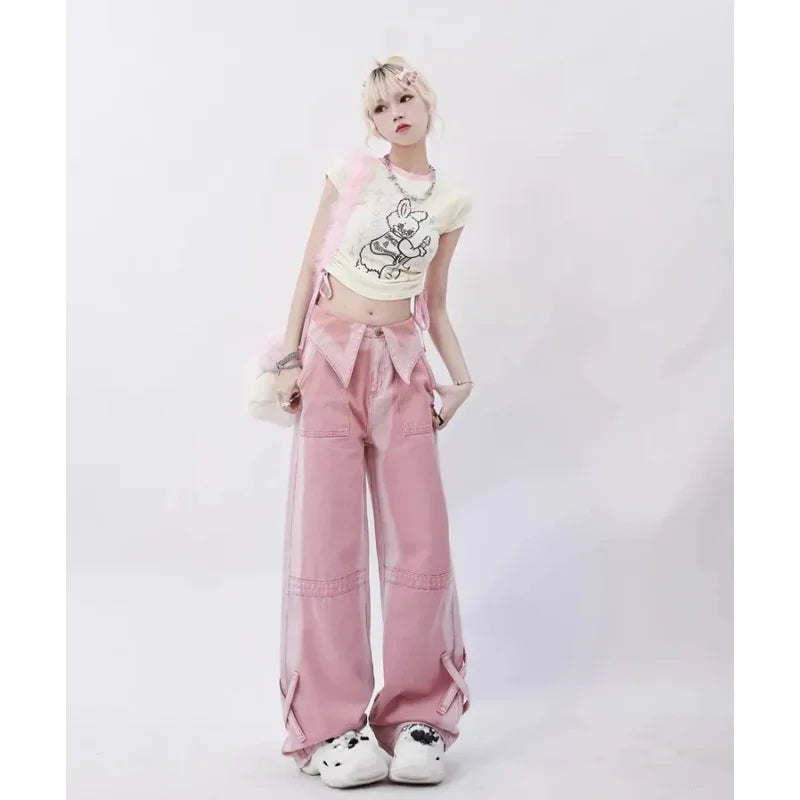 Soft Pink/Turquoise Colorblock Washed Women's Contrast Color High Waist Wide Leg Hip-Hop Cargo Jeans