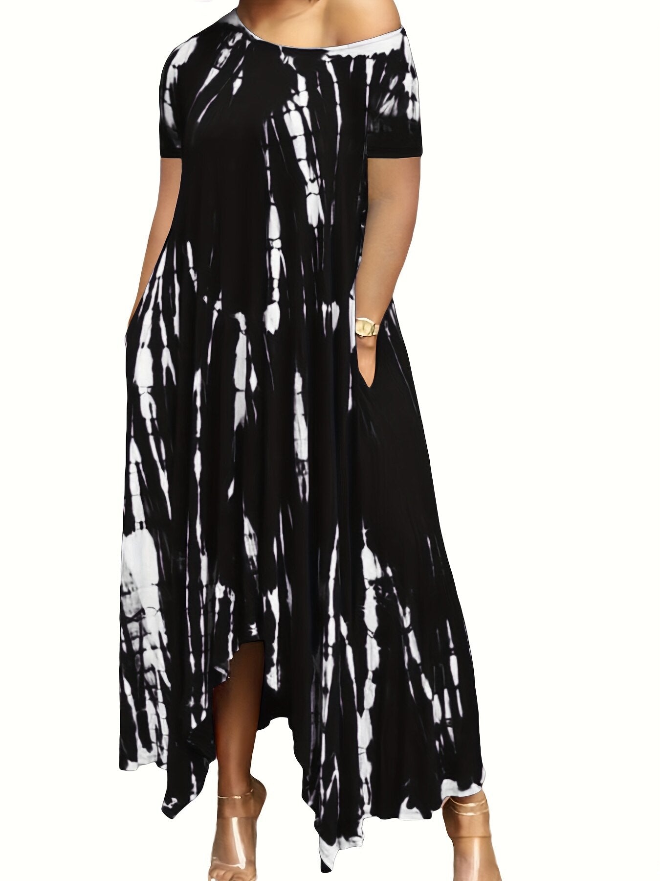 Colorblock Tie-Dye Short Sleeve Asymmetrical Hem Maxi Dress to 5X Plus Size
