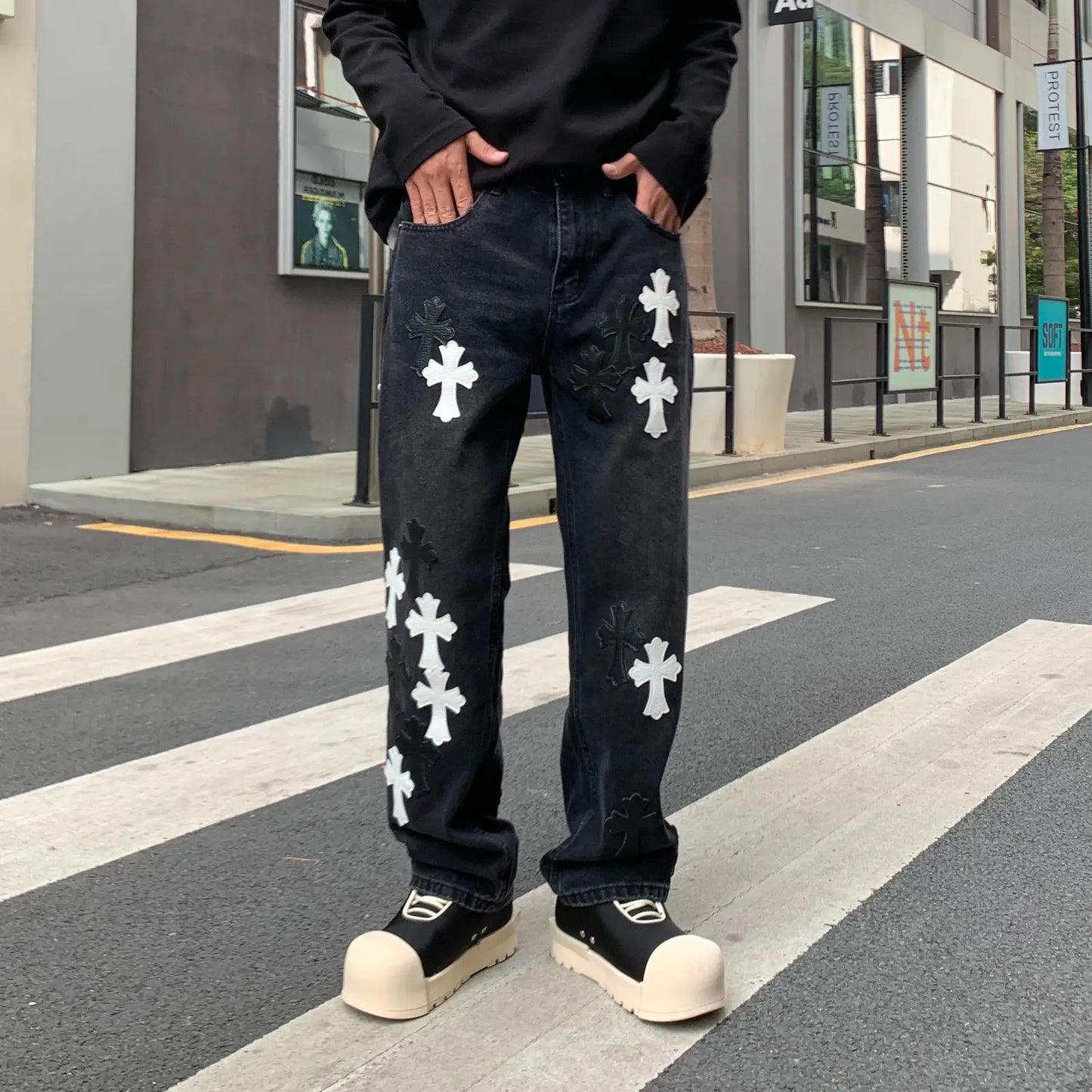 Men's Denim Black Cross Print Streetwear Mid-Rise Straight Leg Wide Leg Jeans