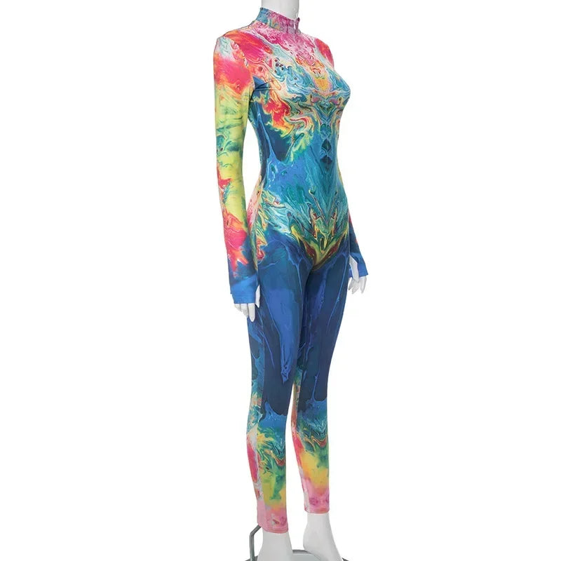 Tie-Dye Turtleneck Print Women's Zipper Long Sleeve Skinny Spandex Jumpsuit