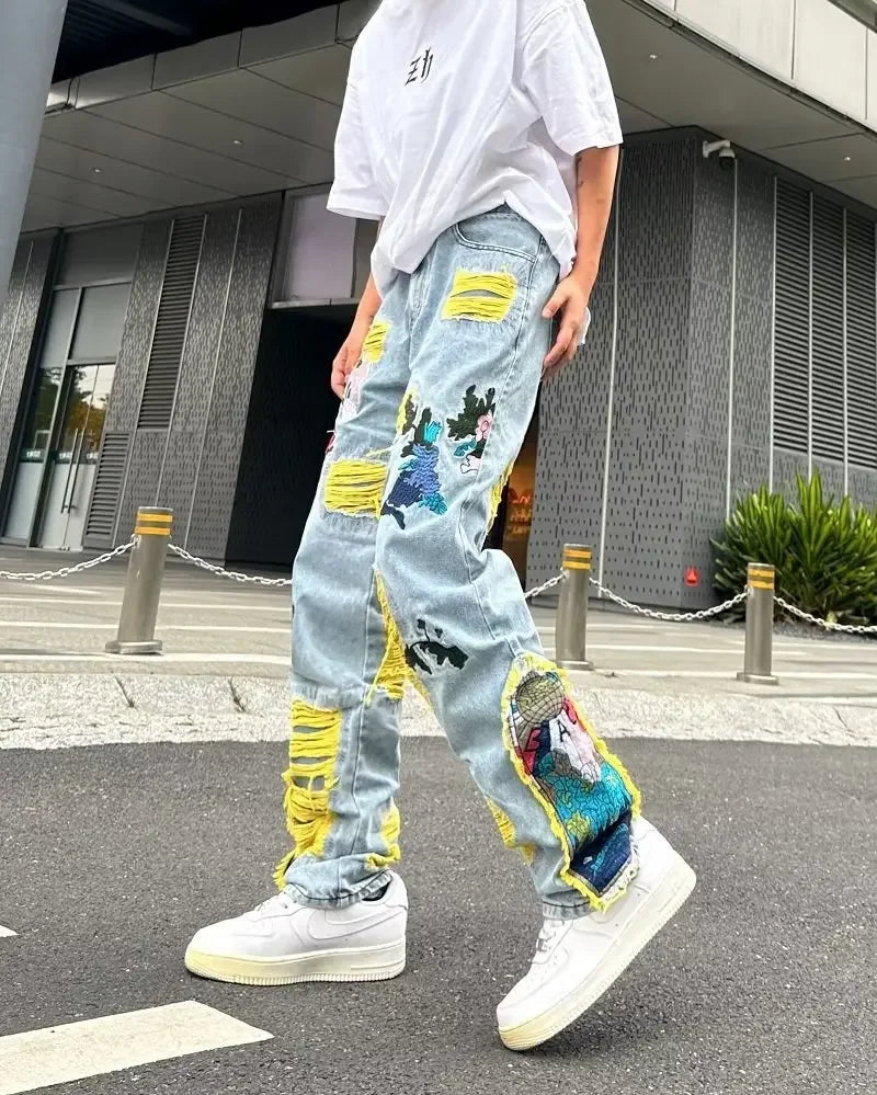 Streetwear Baggy Stacked Ripped Graphic Embroidered Hip Hop Jeans