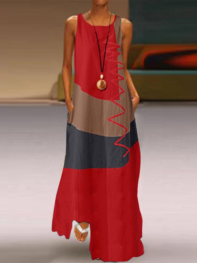 Colorblock Striped Oversized Patchwork Sleeveless/Long Sleeve Maxi Kafka Dress to 5X Plus Size