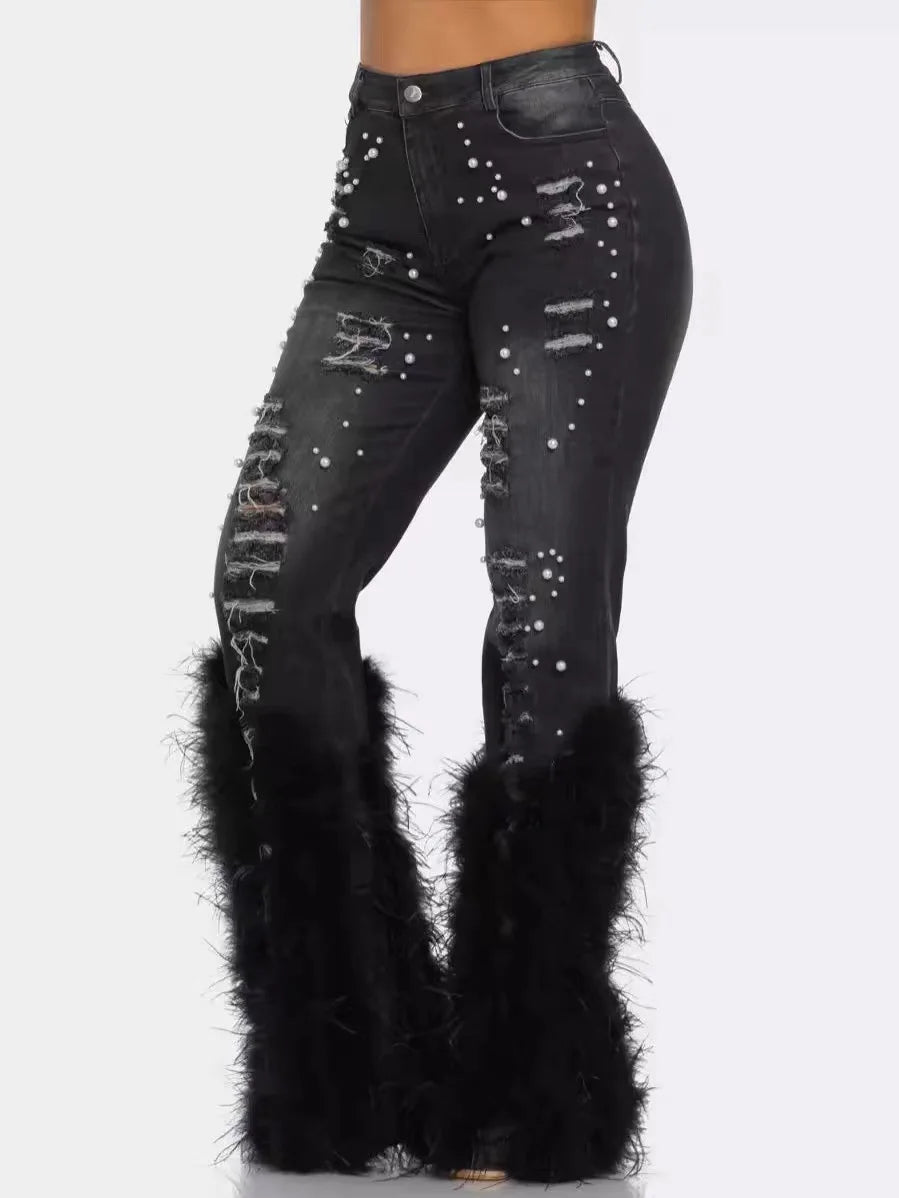 Denim Pearl Faux Fur Tassel Embroidered Ripped Women's Streetwear Flared Leg Jeans