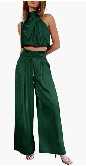 Satin Sleeveless Turtleneck Ruched Solid Color Crop Top + Drawstring Wide Leg Women's Pants 2-Piece Set