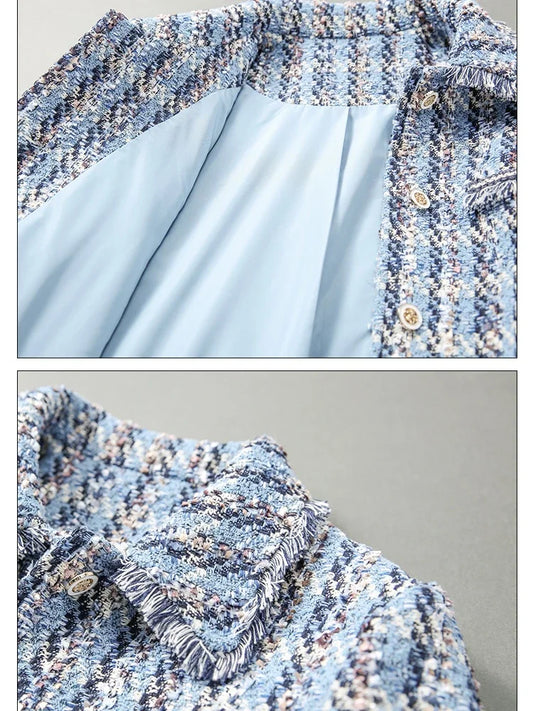 Plaid Cropped Tweed Wool Blend Tassel Design Women's Blazer