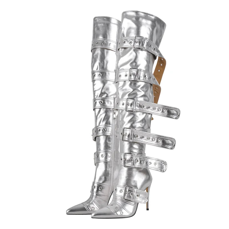 Patent Leather Women's Buckle Strap Detail Pointed Toe Over-The-Knee Thigh High Thin Stiletto Heel Boots