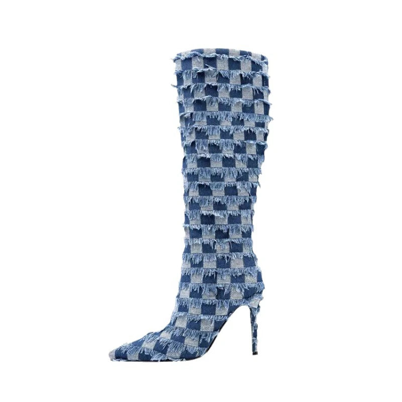 Fringe Detail Blue Denim Plaid Checker Print Women's Knee-High Pointed Toe Stiletto Heel Boots