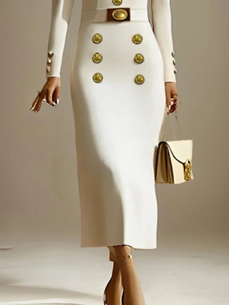 Puff Shoulder Gold Button Design Deep V-Neck Long Sleeve Formal Dress