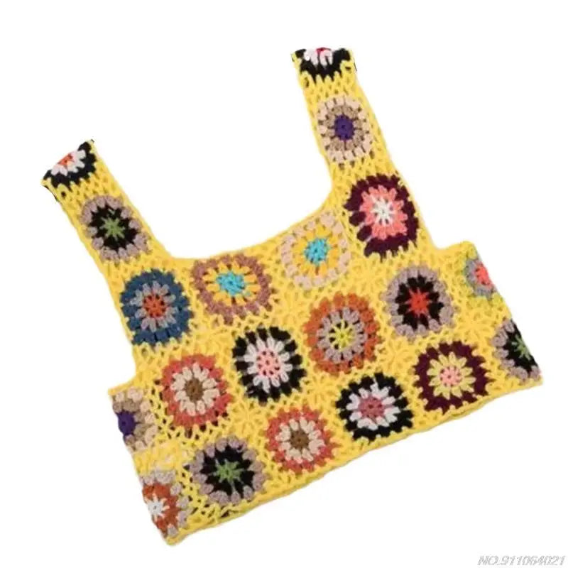 Crochet Multi-Colored Square Flower Design Knitted Square Neck Women's Sleeveless Cropped Tank Top
