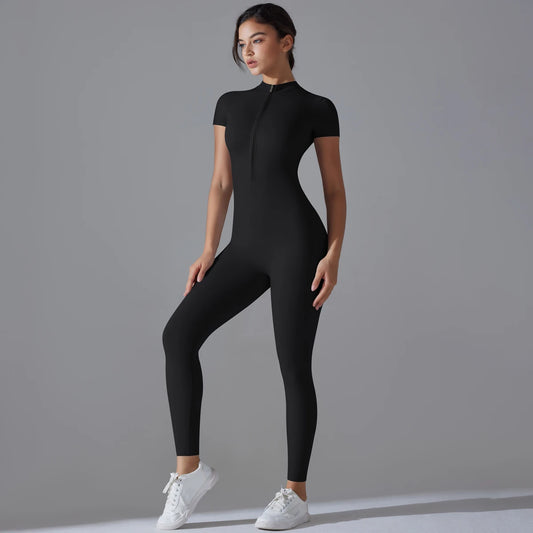 Yoga Skinny Women's Solid Color Zipper Short Sleeve Gym Push-Up Workout Jumpsuit