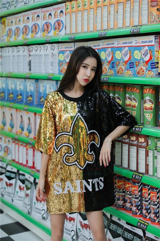 Sparkling Gold Metallic Sequin New Orleans "Saints" Patchwork Short Sleeve Streetwear Loose T-Shirt Dress
