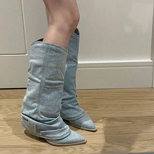 Ripped Denim Blue Tassel Fringe Detail Women's Pleated Ruched Pointed Toe Slip-On Western Ankle Boots