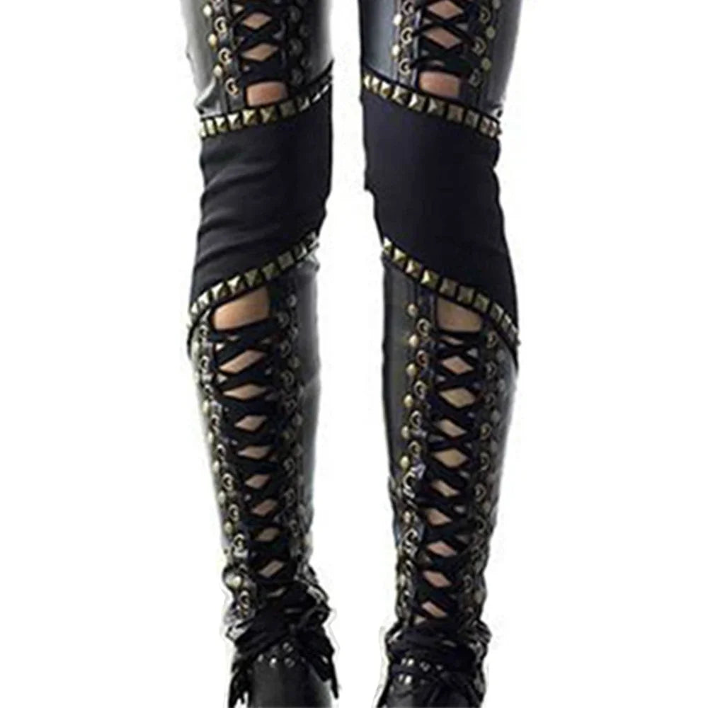Black Criss-Cross Faux Leather Lace-Up Designer Hollow-Out Women's Punk Pencil Pants