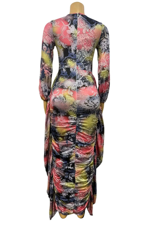 Tassel Fringe Ruched Floral Geometric Print Long Sleeve Ruffled Bodycon Skinny Maxi Dress